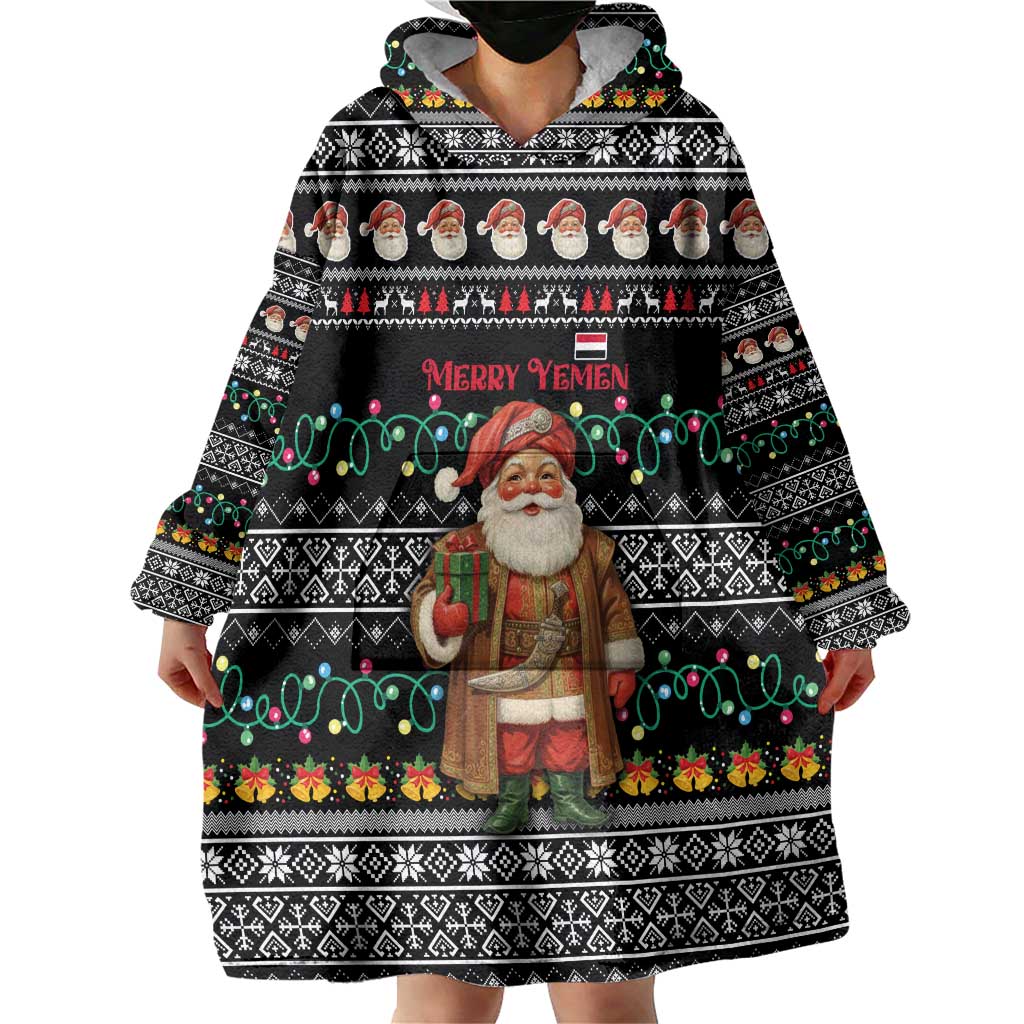Yemen Christmas Wearable Blanket Hoodie with Traditional Santa Black Snowflake Pattern and Festive Lights - Wonder Print Shop