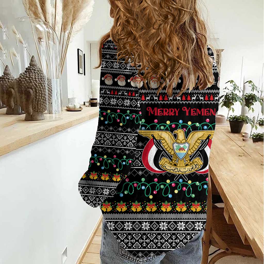 Yemen Christmas Women Casual Shirt with Traditional Santa Black Snowflake Pattern and Festive Lights - Wonder Print Shop