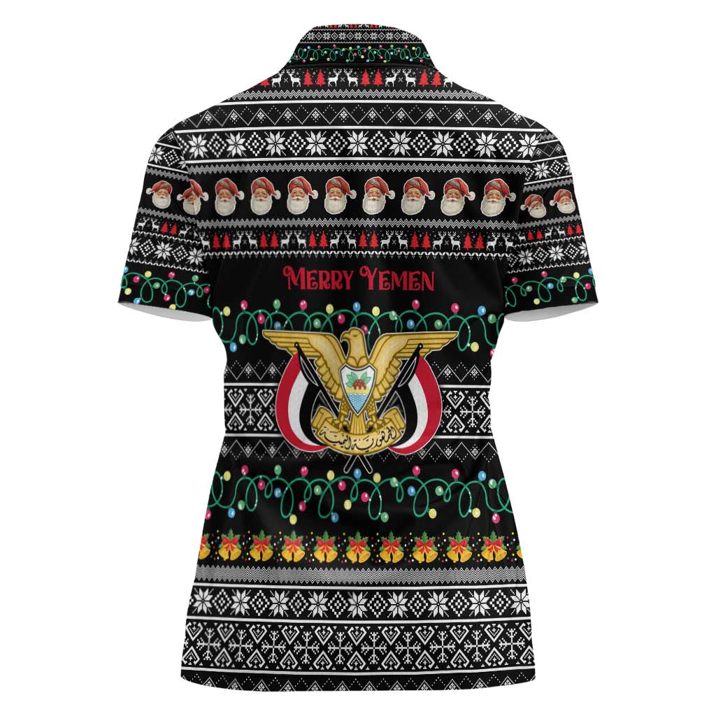 Yemen Christmas Women Polo Shirt with Traditional Santa Black Snowflake Pattern and Festive Lights - undefined