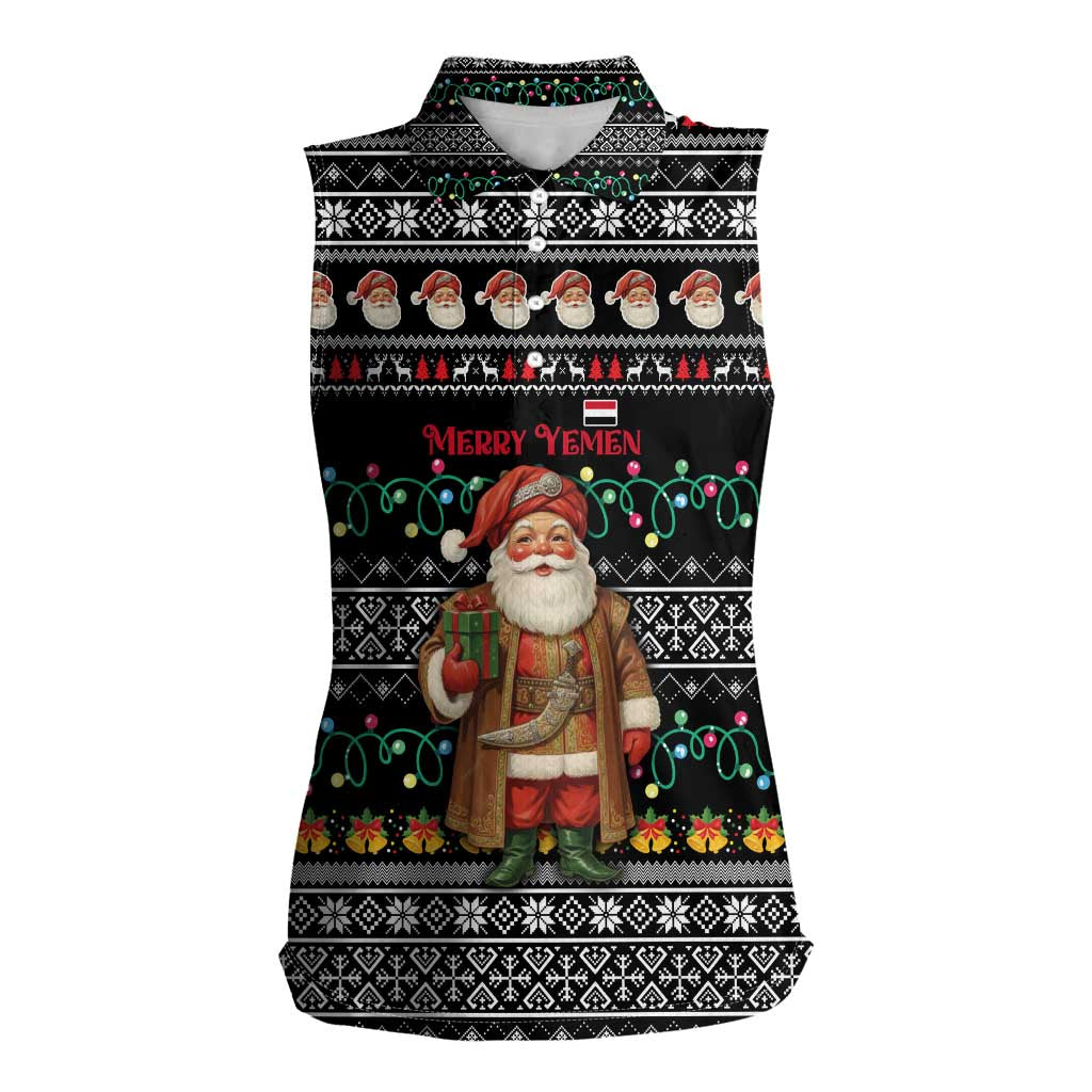 Yemen Christmas Women Sleeveless Polo Shirt with Traditional Santa Black Snowflake Pattern and Festive Lights - Wonder Print Shop