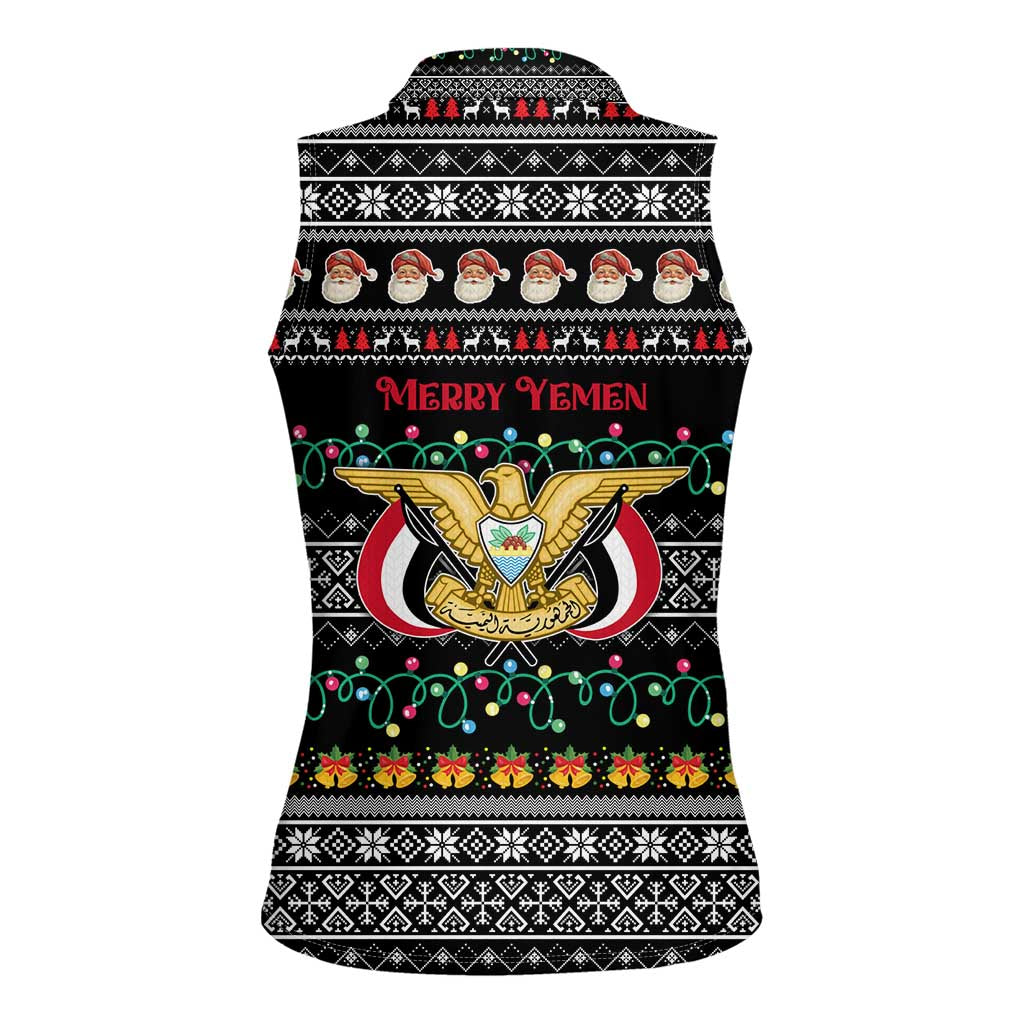 Yemen Christmas Women Sleeveless Polo Shirt with Traditional Santa Black Snowflake Pattern and Festive Lights - Wonder Print Shop