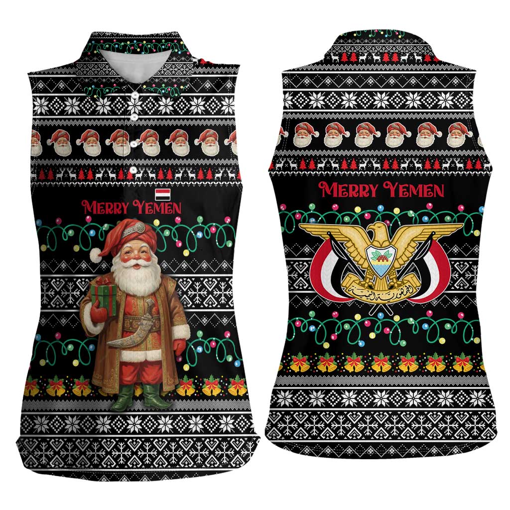 Yemen Christmas Women Sleeveless Polo Shirt with Traditional Santa Black Snowflake Pattern and Festive Lights - Wonder Print Shop
