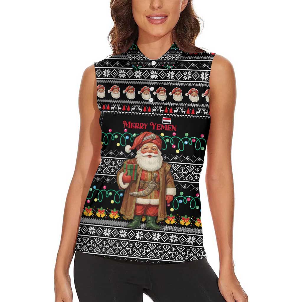 Yemen Christmas Women Sleeveless Polo Shirt with Traditional Santa Black Snowflake Pattern and Festive Lights - Wonder Print Shop