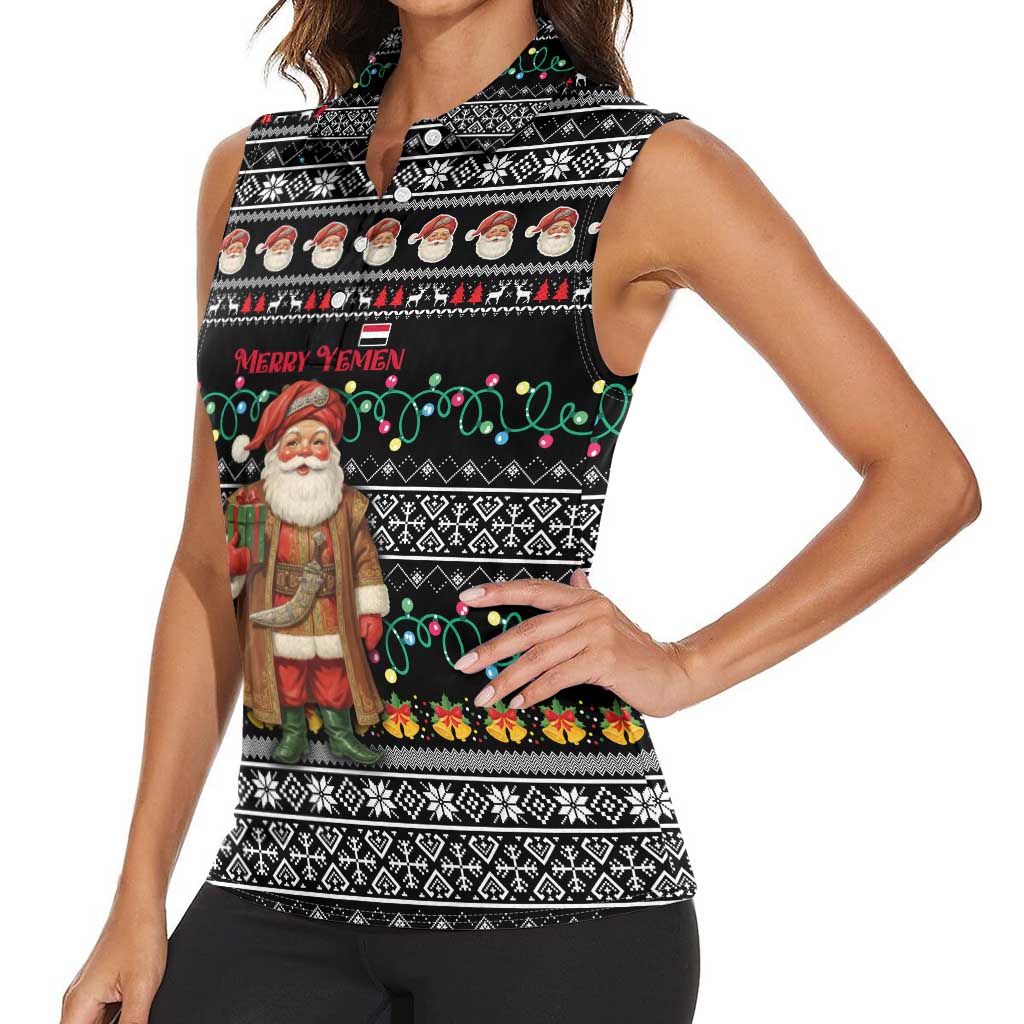 Yemen Christmas Women Sleeveless Polo Shirt with Traditional Santa Black Snowflake Pattern and Festive Lights - Wonder Print Shop