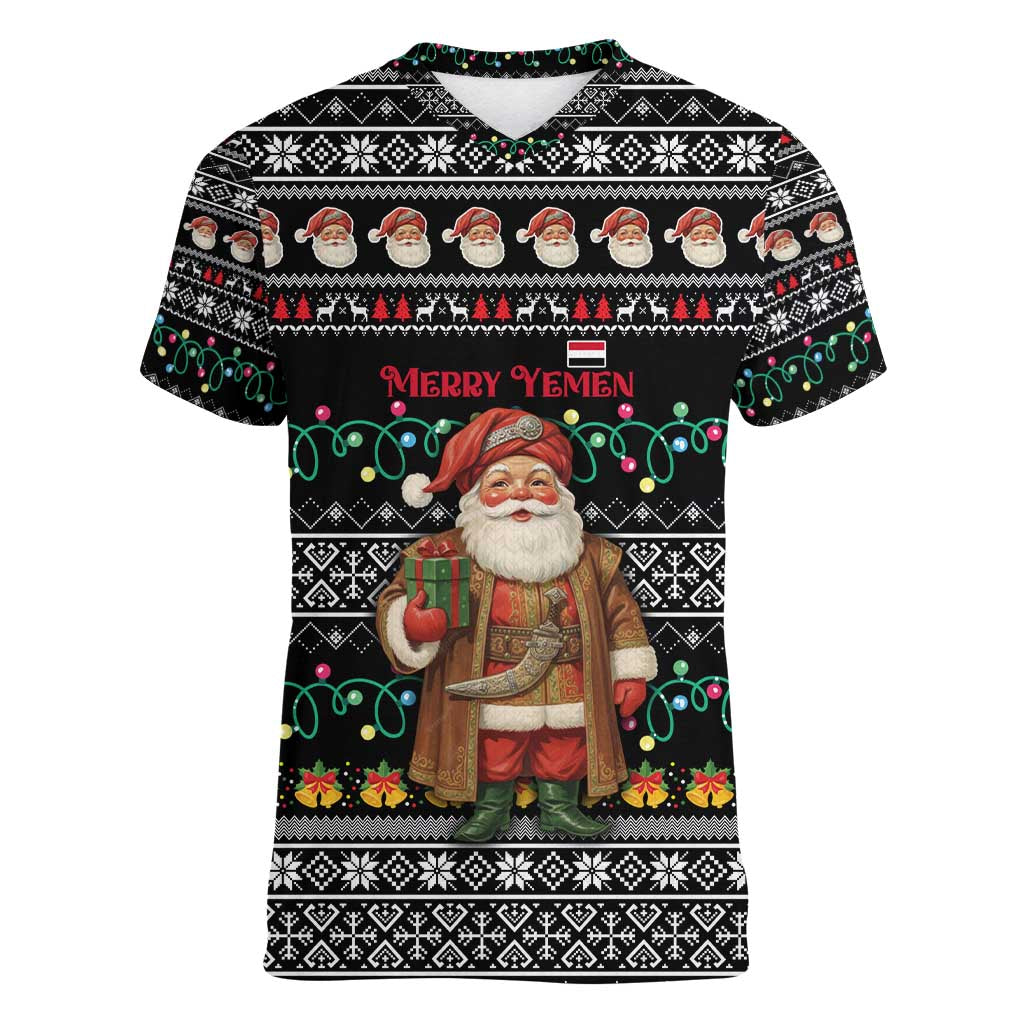 Yemen Christmas Women V-Neck T-Shirt with Traditional Santa Black Snowflake Pattern and Festive Lights - Wonder Print Shop