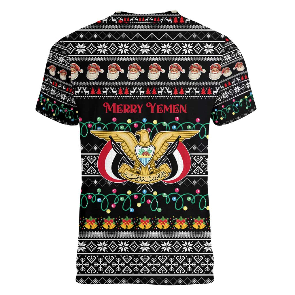 Yemen Christmas Women V-Neck T-Shirt with Traditional Santa Black Snowflake Pattern and Festive Lights - Wonder Print Shop