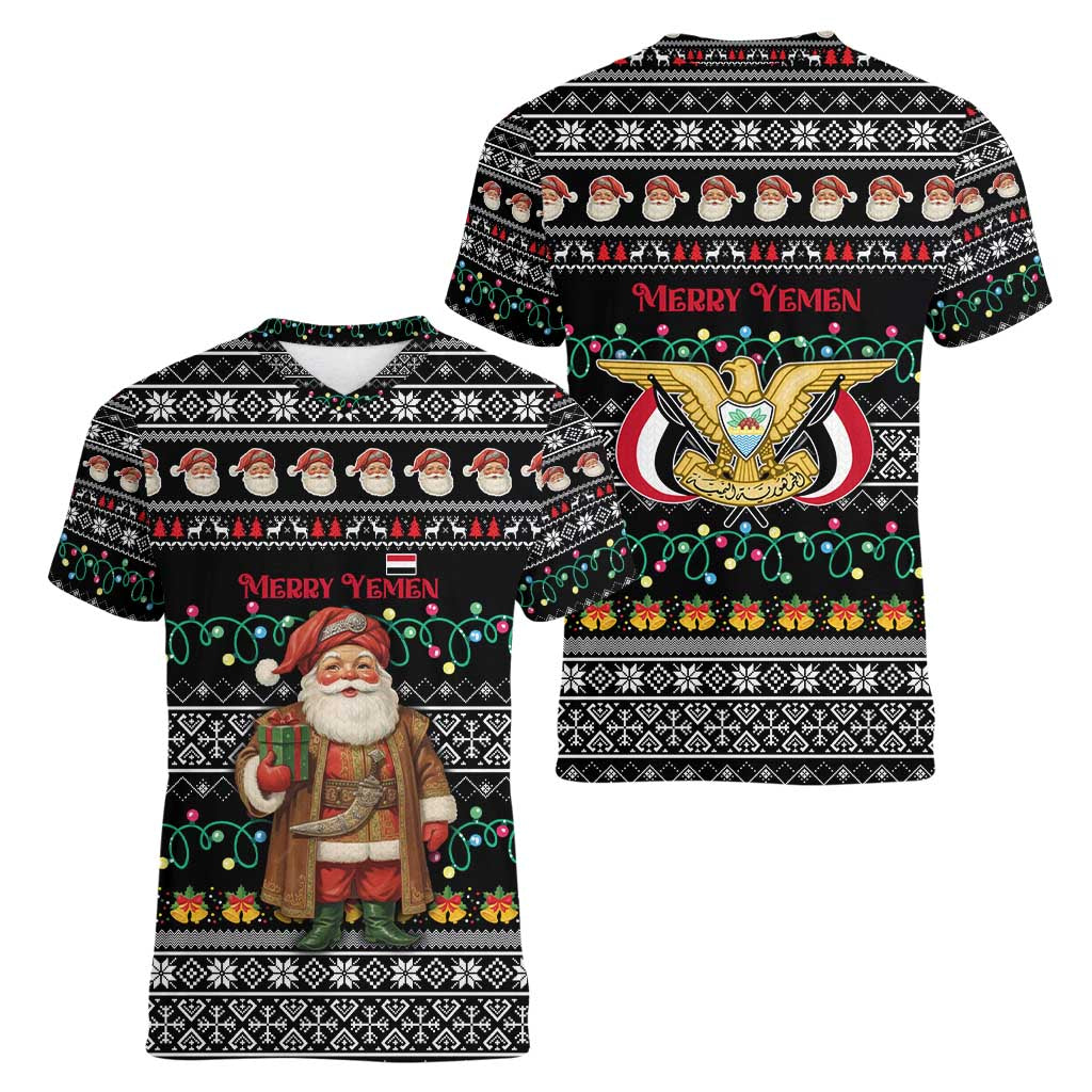 Yemen Christmas Women V-Neck T-Shirt with Traditional Santa Black Snowflake Pattern and Festive Lights - Wonder Print Shop