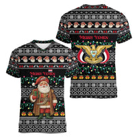 Yemen Christmas Women V-Neck T-Shirt with Traditional Santa Black Snowflake Pattern and Festive Lights - Wonder Print Shop