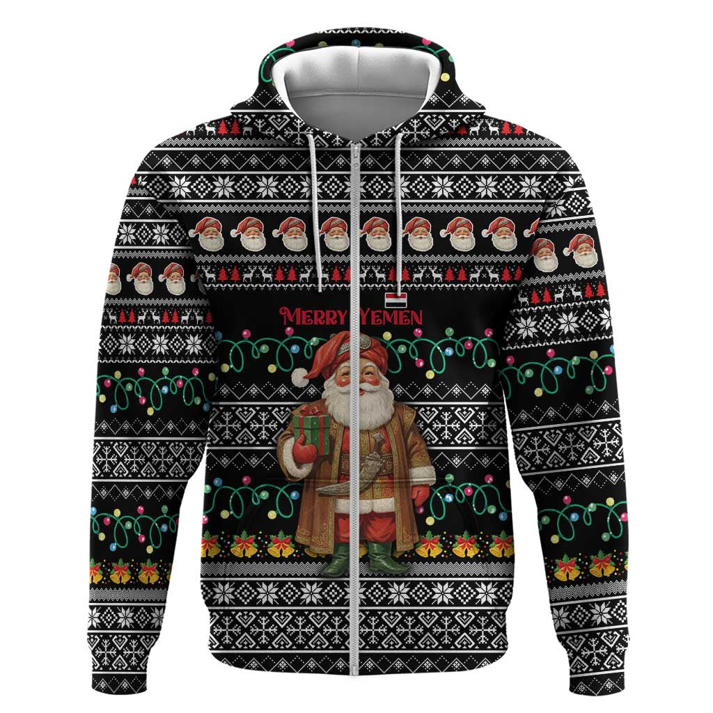 Yemen Christmas Zip Hoodie with Traditional Santa Black Snowflake Pattern and Festive Lights - Wonder Print Shop