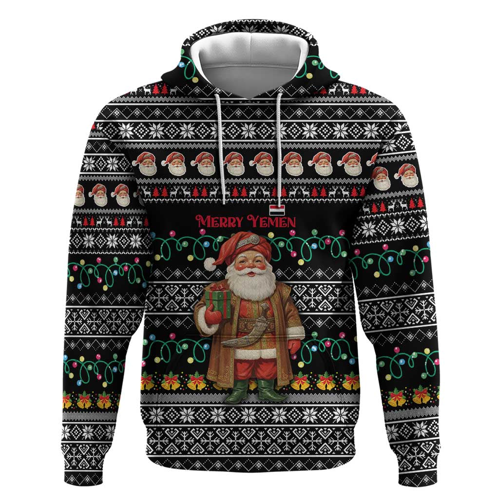 Yemen Christmas Zip Hoodie with Traditional Santa Black Snowflake Pattern and Festive Lights - Wonder Print Shop