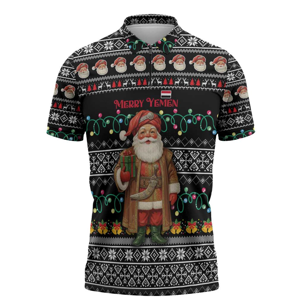 Yemen Christmas Zipper Polo Shirt with Traditional Santa Black Snowflake Pattern and Festive Lights - Wonder Print Shop