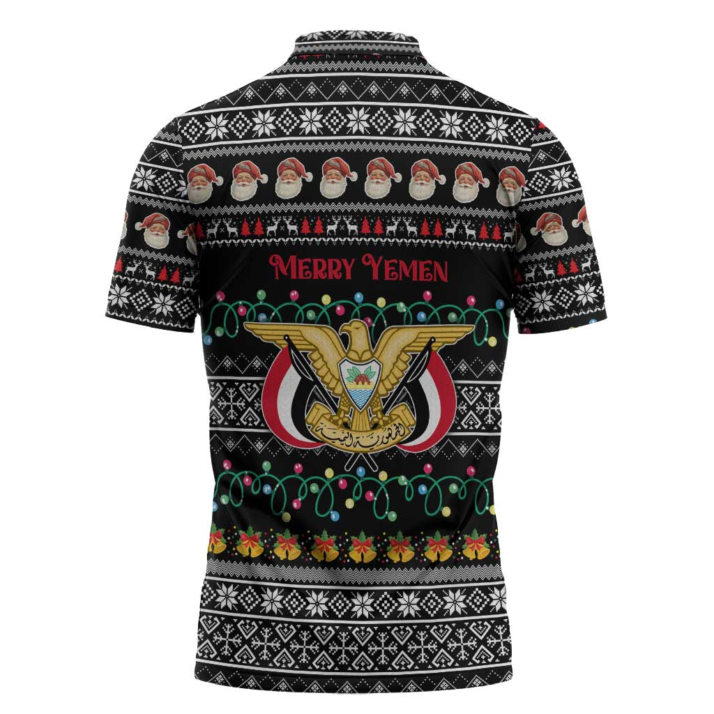 Yemen Christmas Zipper Polo Shirt with Traditional Santa Black Snowflake Pattern and Festive Lights - Wonder Print Shop