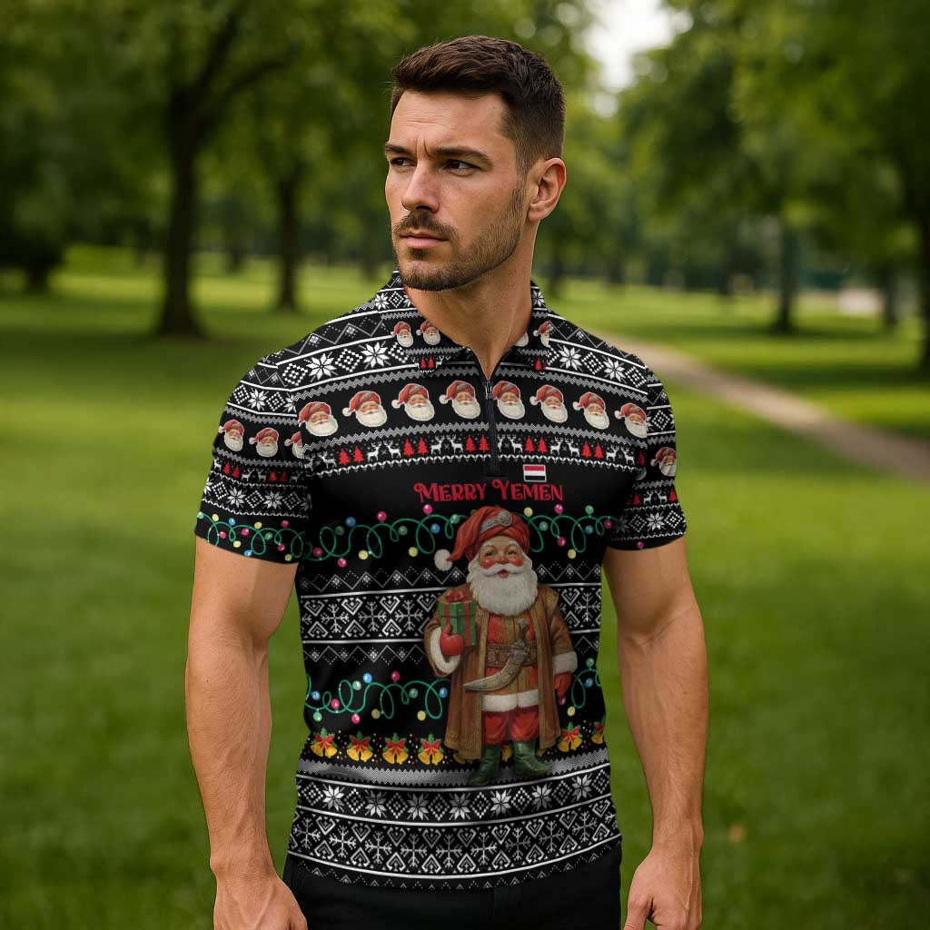 Yemen Christmas Zipper Polo Shirt with Traditional Santa Black Snowflake Pattern and Festive Lights - Wonder Print Shop
