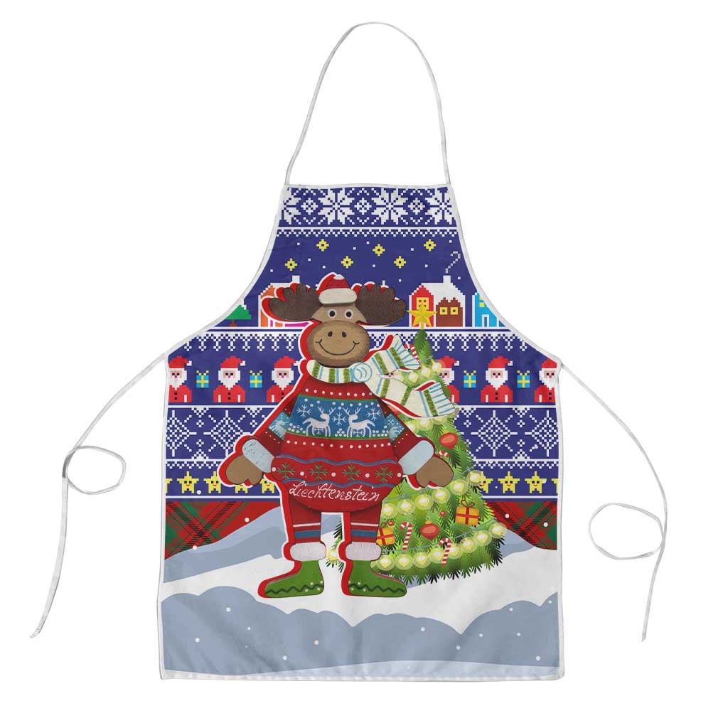 Liechtenstein Christmas Apron with Reindeer Character Holiday Village and Plaid Sleeves - Wonder Print Shop
