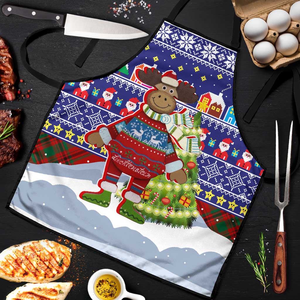 Liechtenstein Christmas Apron with Reindeer Character Holiday Village and Plaid Sleeves - Wonder Print Shop