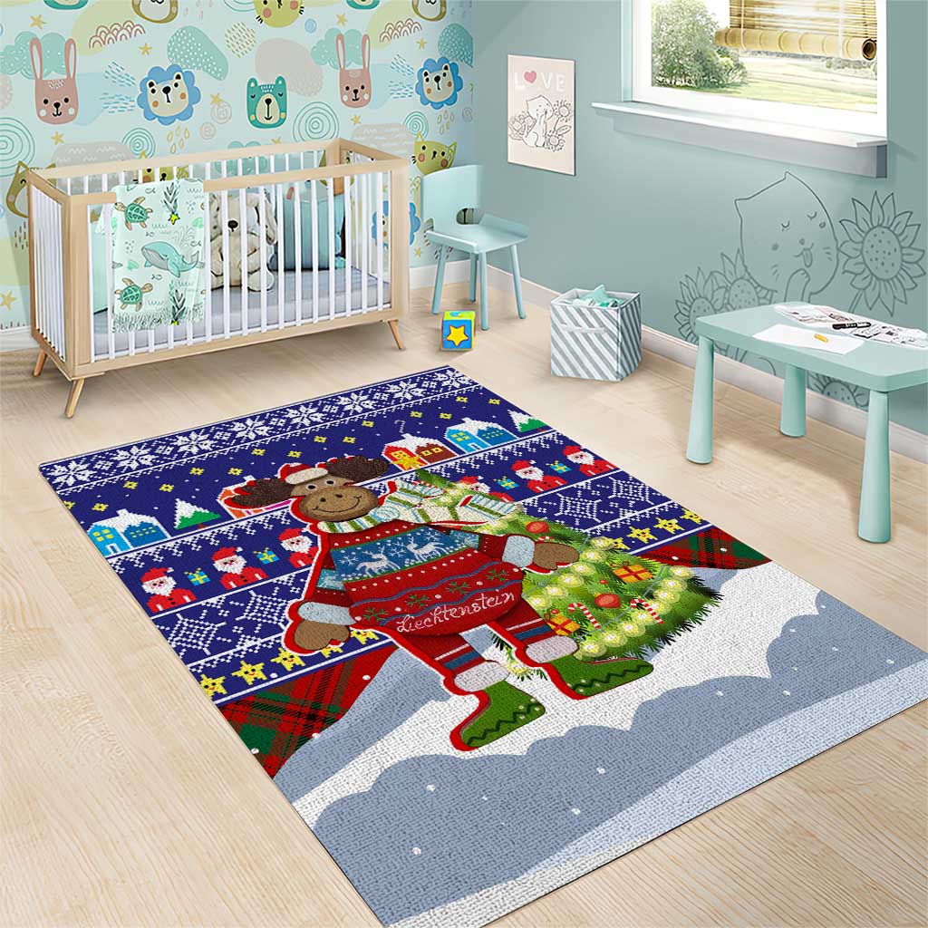 Liechtenstein Christmas Area Rug with Reindeer Character Holiday Village and Plaid Sleeves - Wonder Print Shop