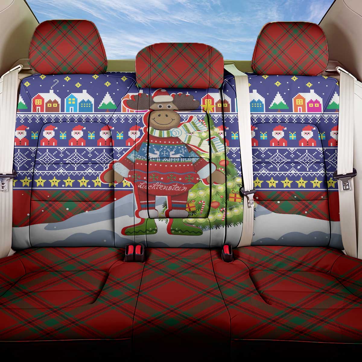 Liechtenstein Christmas Back Car Seat Cover with Reindeer Character Holiday Village and Plaid Sleeves - undefined