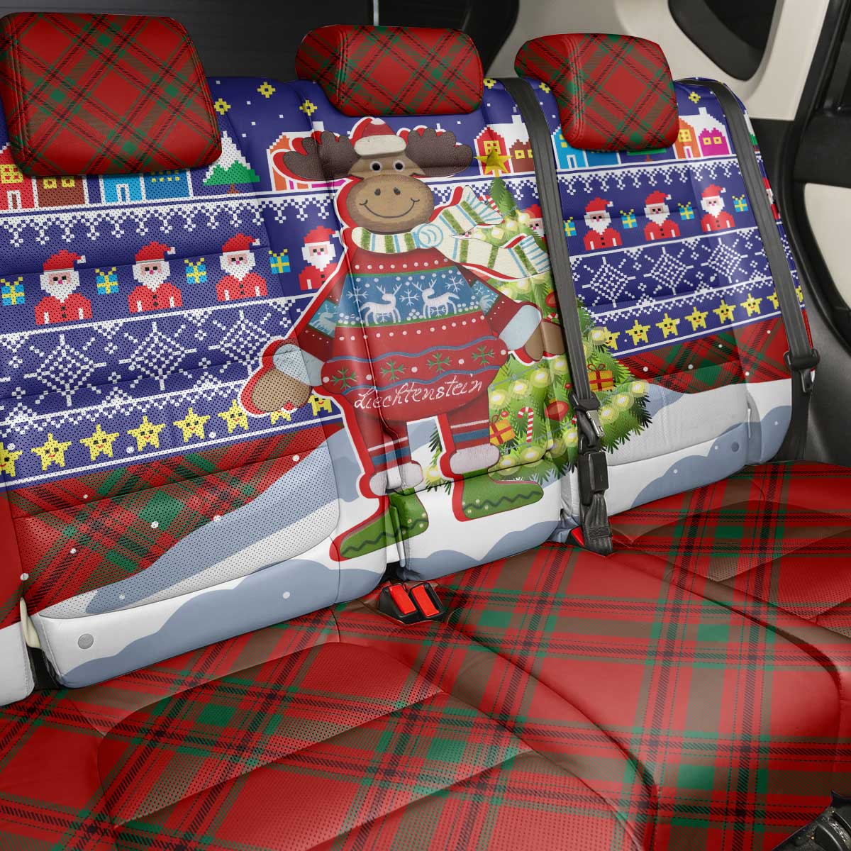 Liechtenstein Christmas Back Car Seat Cover with Reindeer Character Holiday Village and Plaid Sleeves - undefined