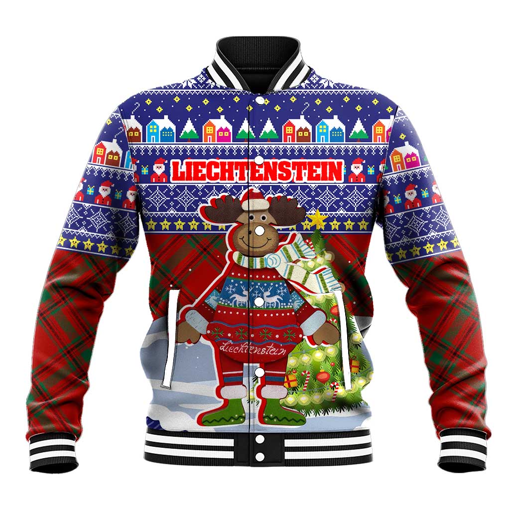Liechtenstein Christmas Baseball Jacket with Reindeer Character Holiday Village and Plaid Sleeves - Wonder Print Shop