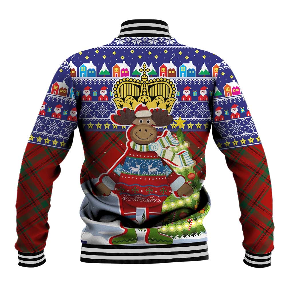 Liechtenstein Christmas Baseball Jacket with Reindeer Character Holiday Village and Plaid Sleeves - Wonder Print Shop