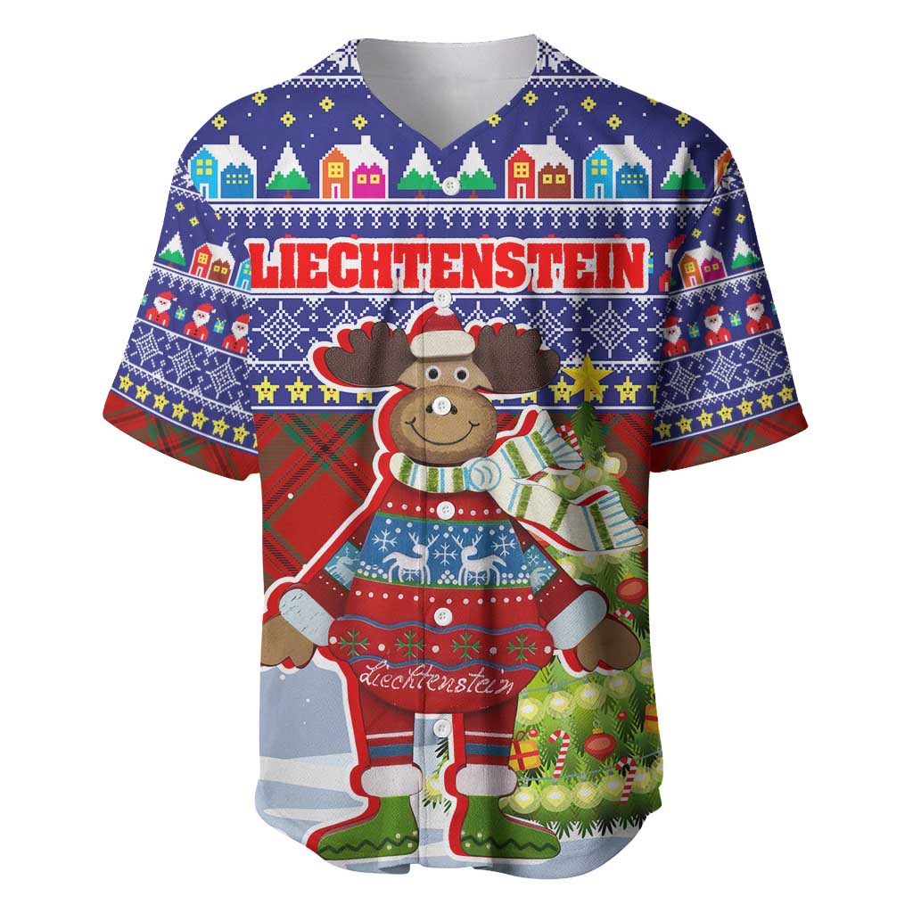 Liechtenstein Christmas Baseball Jersey with Reindeer Character Holiday Village and Plaid Sleeves - Wonder Print Shop