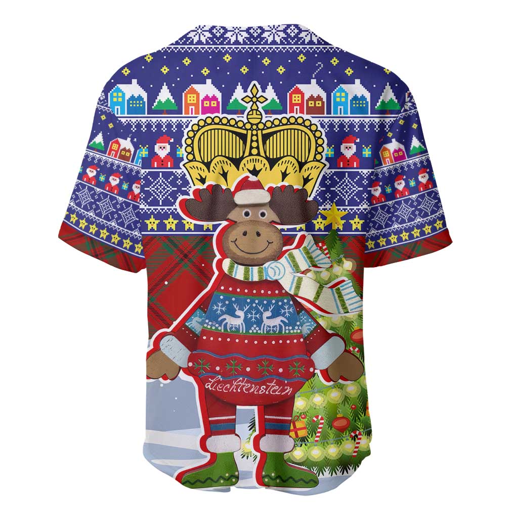 Liechtenstein Christmas Baseball Jersey with Reindeer Character Holiday Village and Plaid Sleeves - Wonder Print Shop