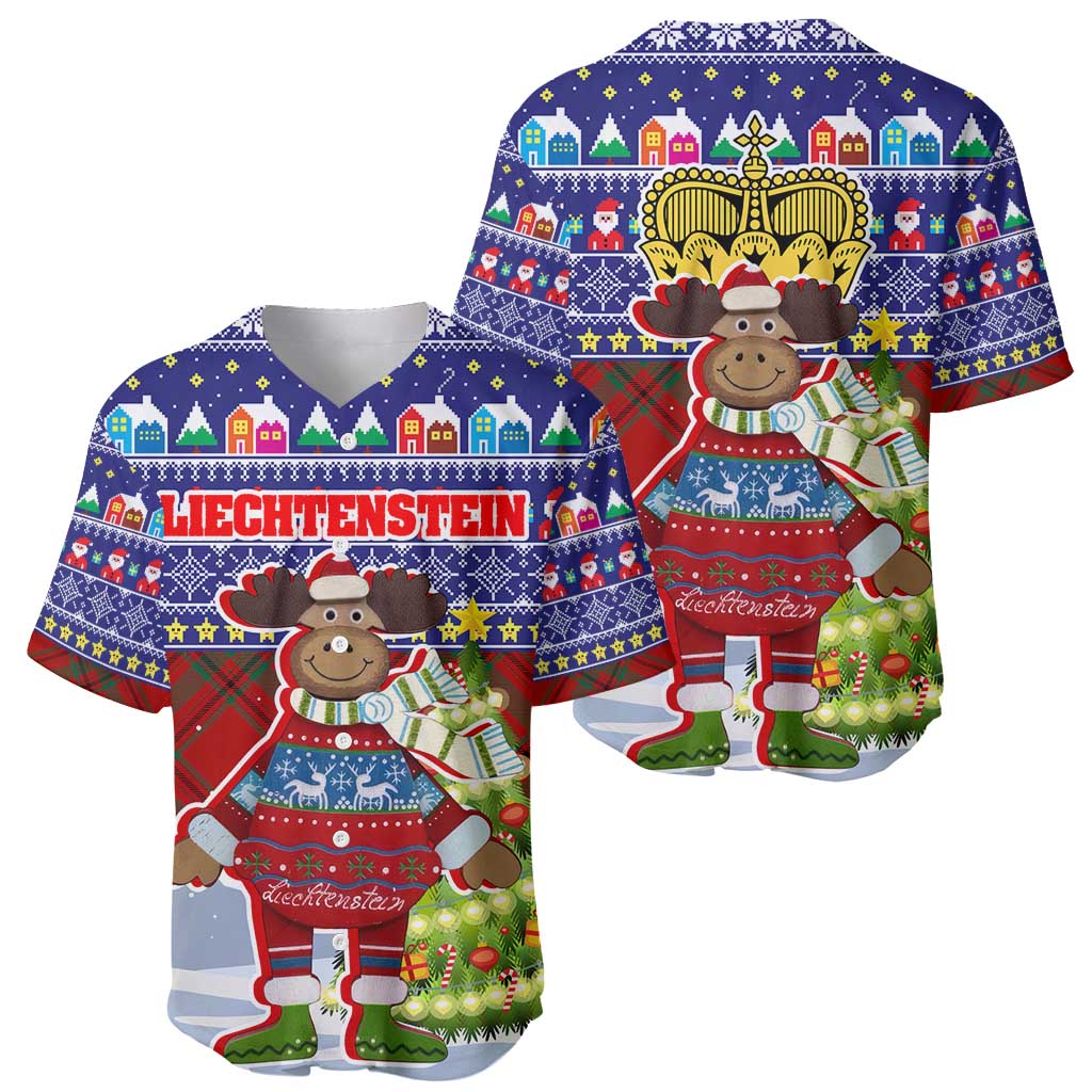 Liechtenstein Christmas Baseball Jersey with Reindeer Character Holiday Village and Plaid Sleeves - Wonder Print Shop