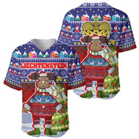 Liechtenstein Christmas Baseball Jersey with Reindeer Character Holiday Village and Plaid Sleeves - Wonder Print Shop