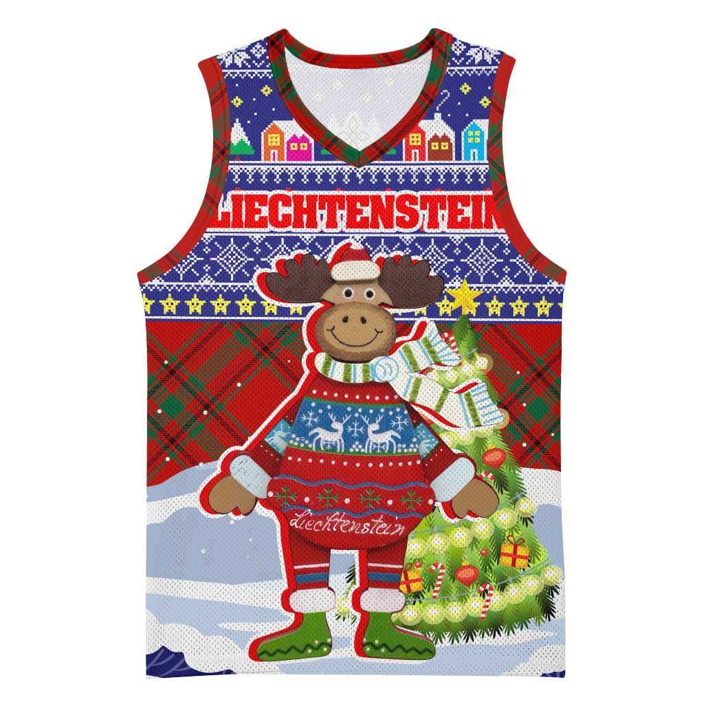 Liechtenstein Christmas Basketball Jersey with Reindeer Character Holiday Village and Plaid Sleeves - Wonder Print Shop