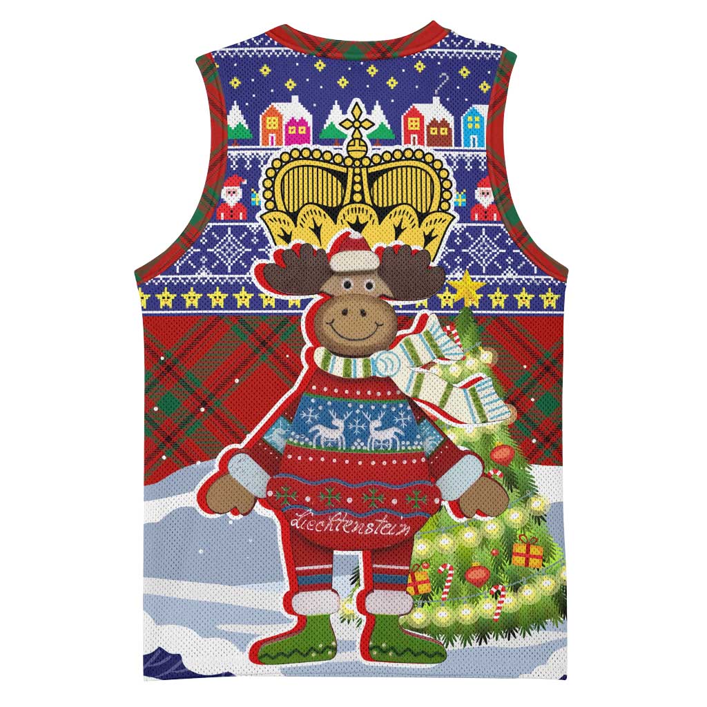 Liechtenstein Christmas Basketball Jersey with Reindeer Character Holiday Village and Plaid Sleeves - Wonder Print Shop