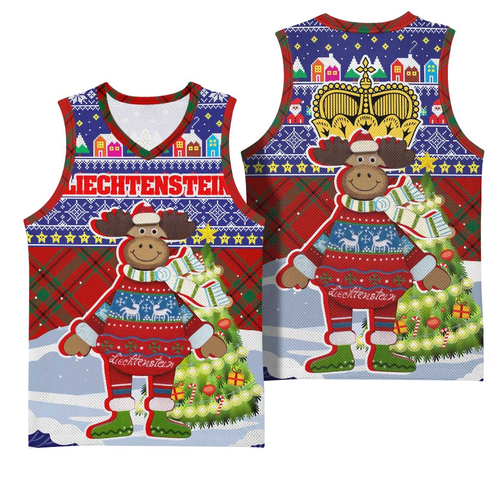 Liechtenstein Christmas Basketball Jersey with Reindeer Character Holiday Village and Plaid Sleeves - Wonder Print Shop