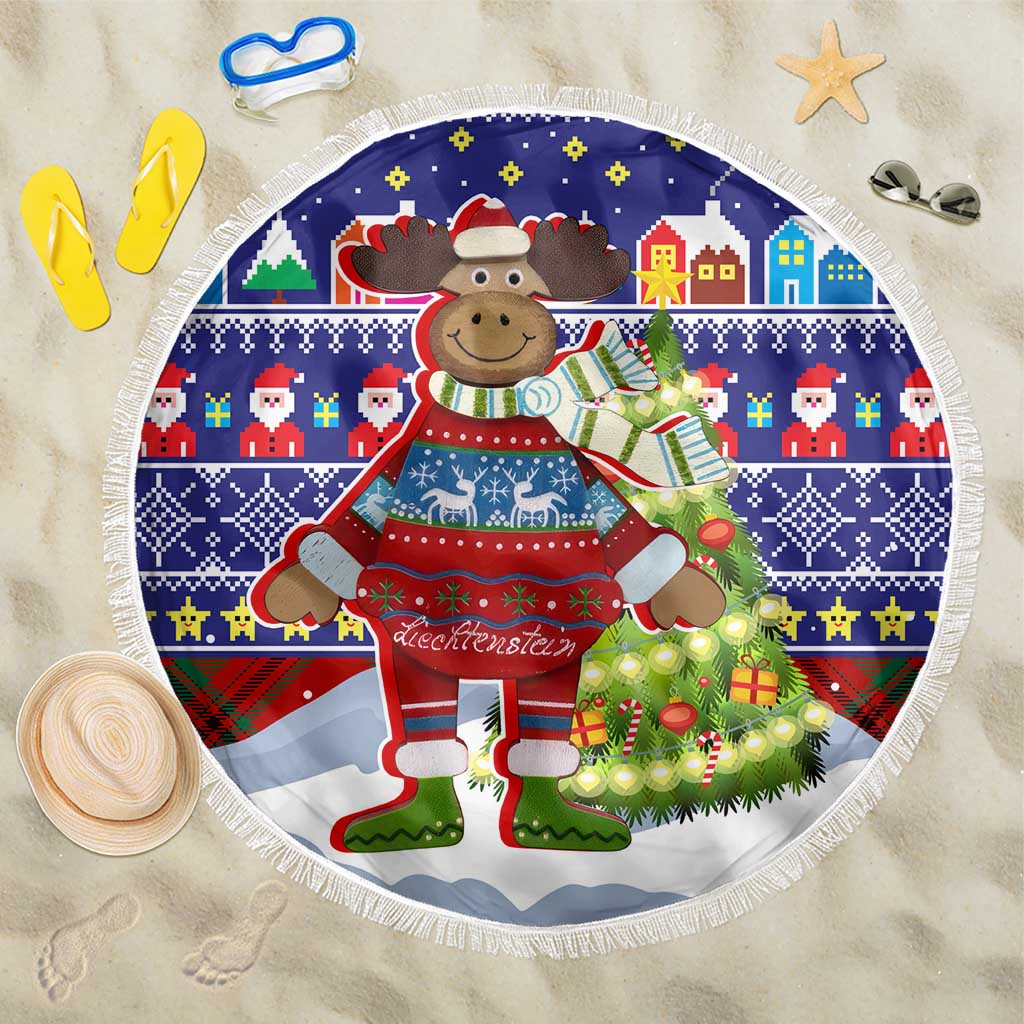 Liechtenstein Christmas Beach Blanket with Reindeer Character Holiday Village and Plaid Sleeves - Wonder Print Shop
