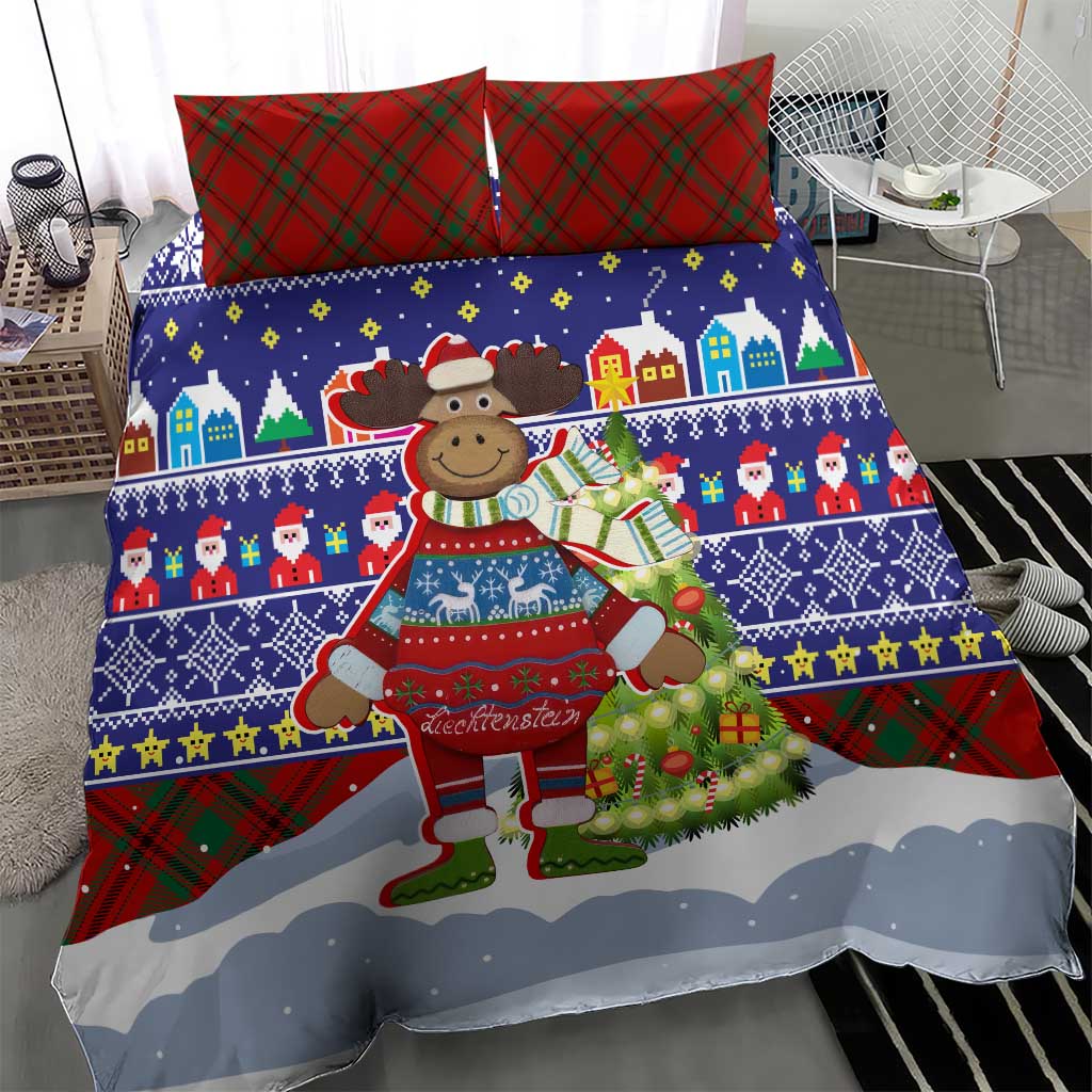 Liechtenstein Christmas Bedding Set with Reindeer Character Holiday Village and Plaid Sleeves - Wonder Print Shop