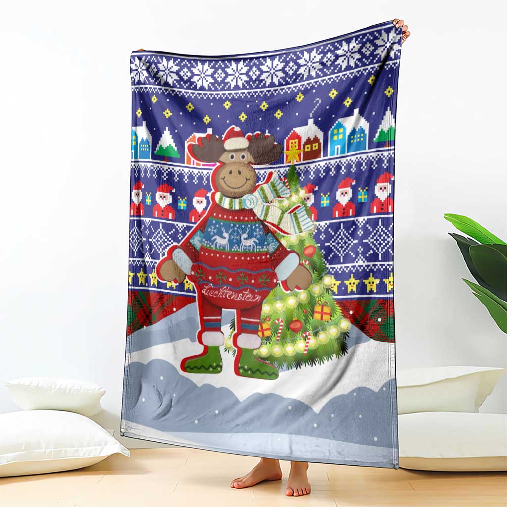 Liechtenstein Christmas Blanket with Reindeer Character Holiday Village and Plaid Sleeves - Wonder Print Shop