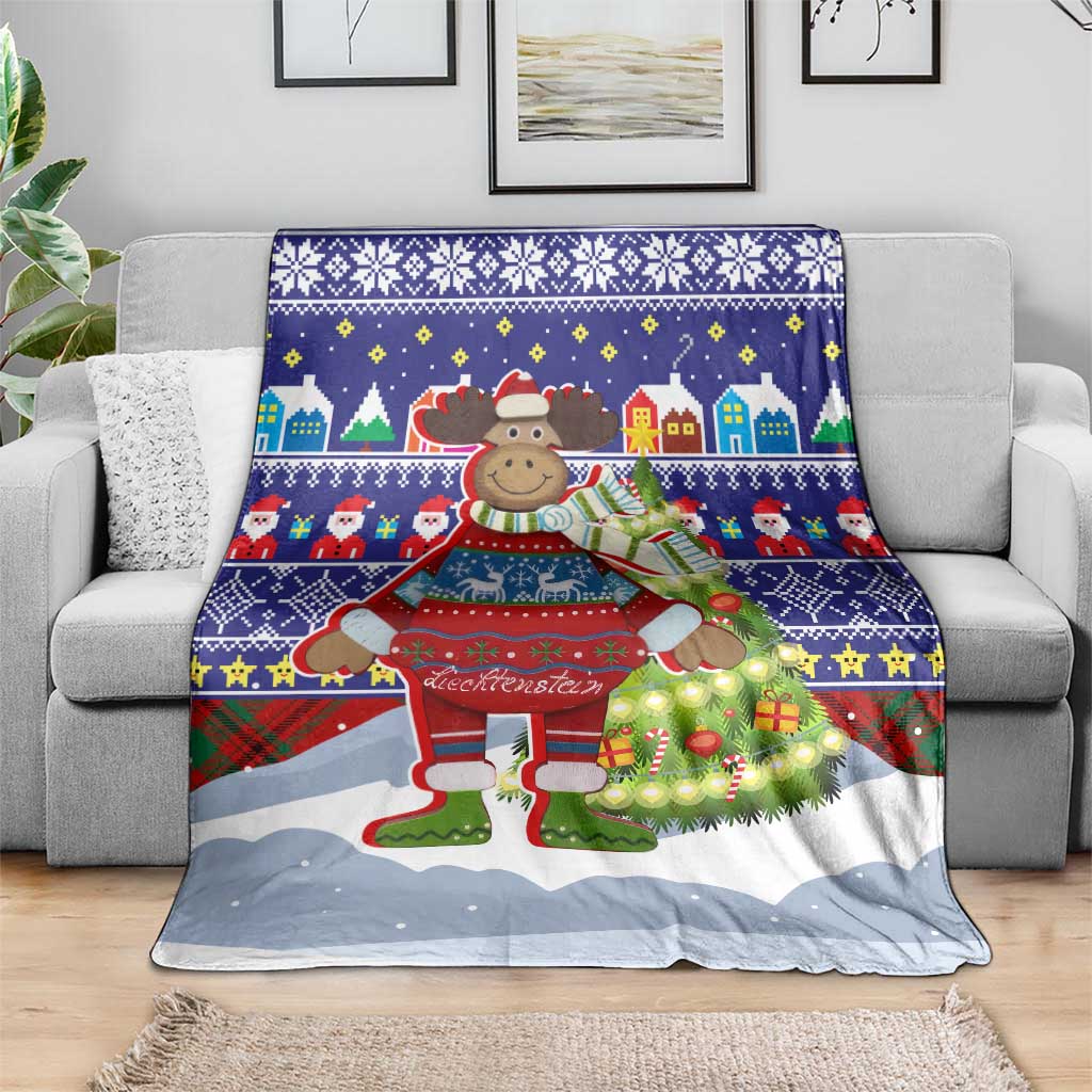 Liechtenstein Christmas Blanket with Reindeer Character Holiday Village and Plaid Sleeves - Wonder Print Shop