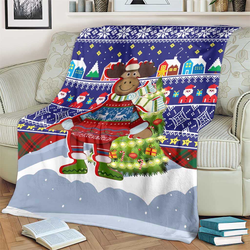Liechtenstein Christmas Blanket with Reindeer Character Holiday Village and Plaid Sleeves - Wonder Print Shop