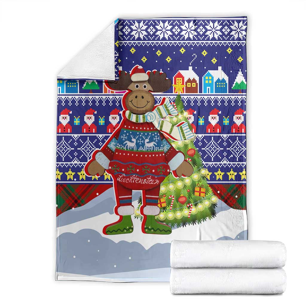 Liechtenstein Christmas Blanket with Reindeer Character Holiday Village and Plaid Sleeves - Wonder Print Shop