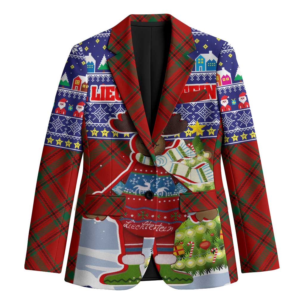 Liechtenstein Christmas Blazer with Reindeer Character Holiday Village and Plaid Sleeves - Wonder Print Shop
