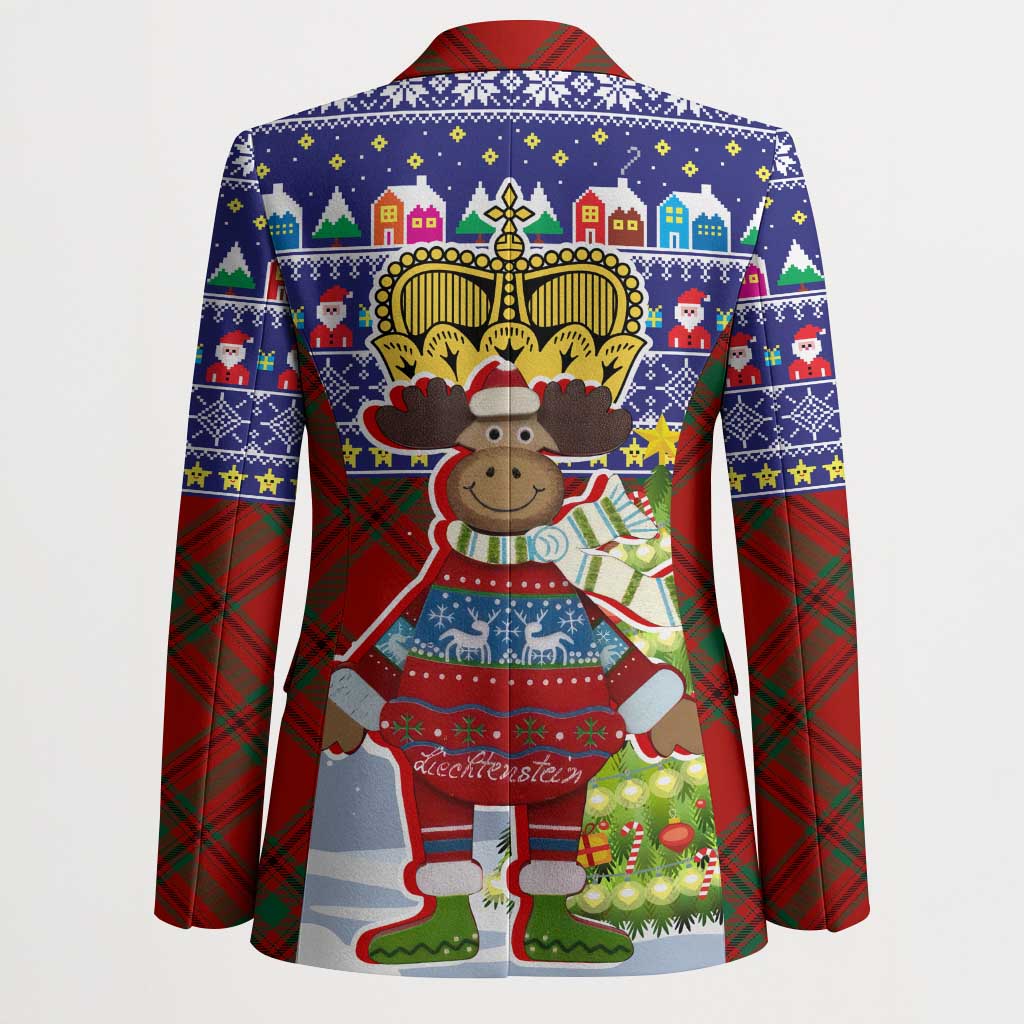 Liechtenstein Christmas Blazer with Reindeer Character Holiday Village and Plaid Sleeves - Wonder Print Shop