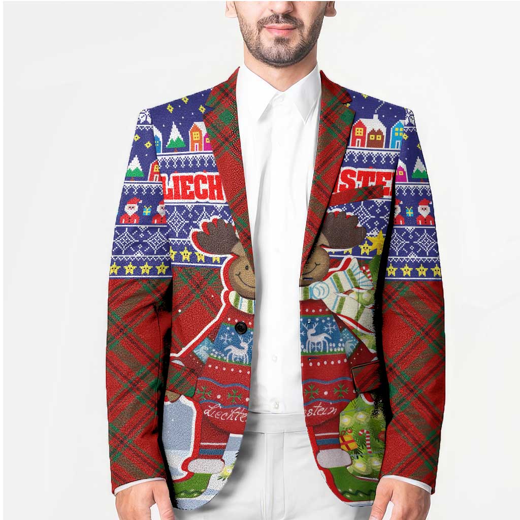 Liechtenstein Christmas Blazer with Reindeer Character Holiday Village and Plaid Sleeves - Wonder Print Shop