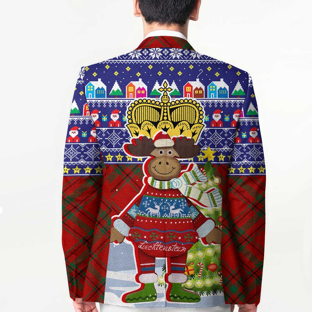 Liechtenstein Christmas Blazer with Reindeer Character Holiday Village and Plaid Sleeves - Wonder Print Shop