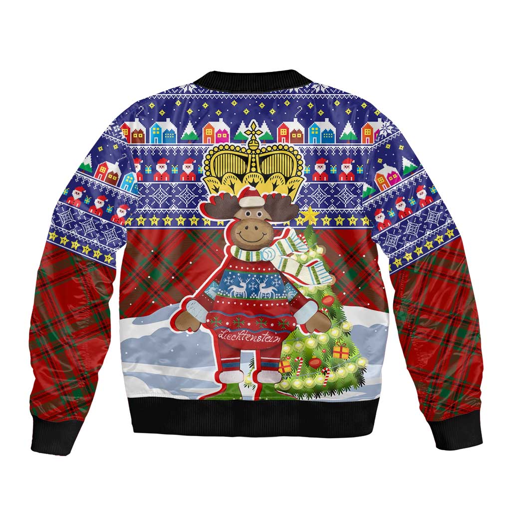 Liechtenstein Christmas Bomber Jacket with Reindeer Character Holiday Village and Plaid Sleeves - Wonder Print Shop