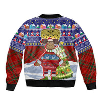 Liechtenstein Christmas Bomber Jacket with Reindeer Character Holiday Village and Plaid Sleeves - Wonder Print Shop