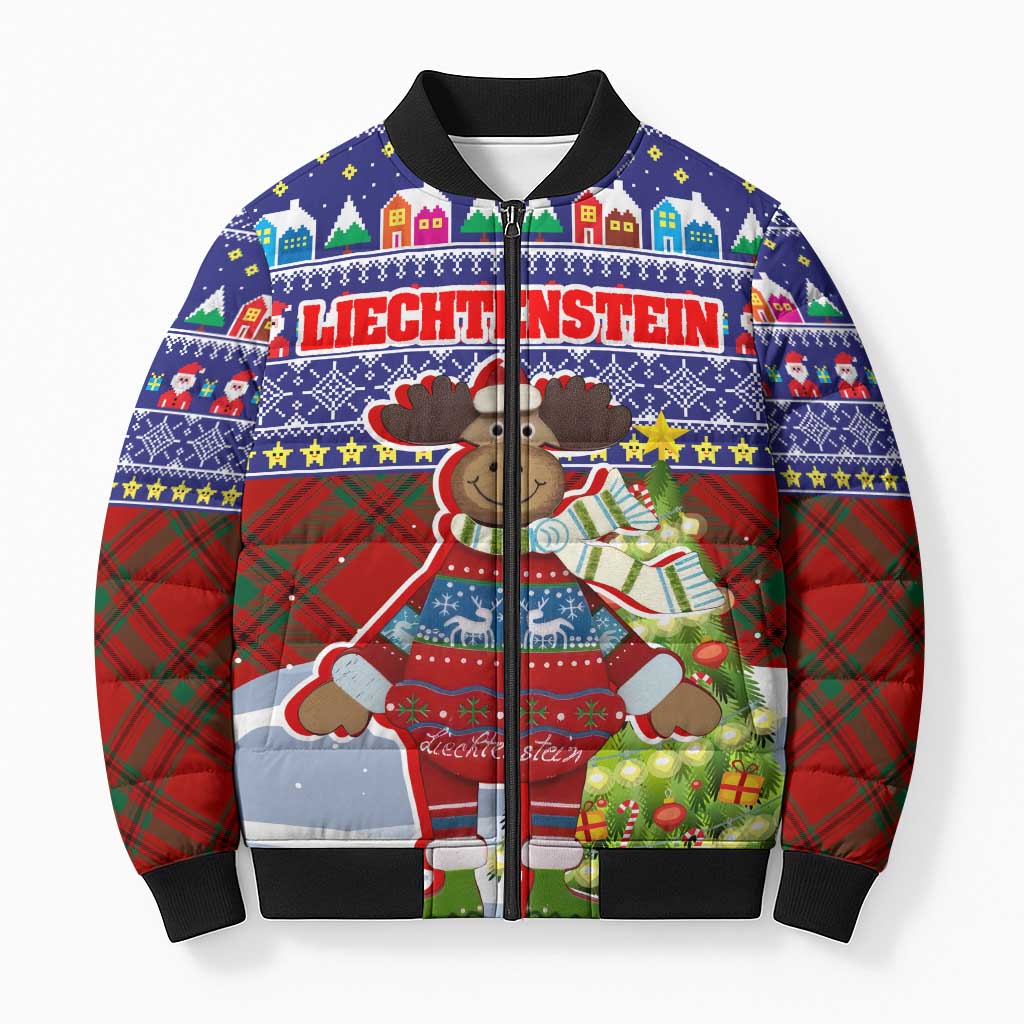 Liechtenstein Christmas Bomber Puffer Jacket with Reindeer Character Holiday Village and Plaid Sleeves - Wonder Print Shop