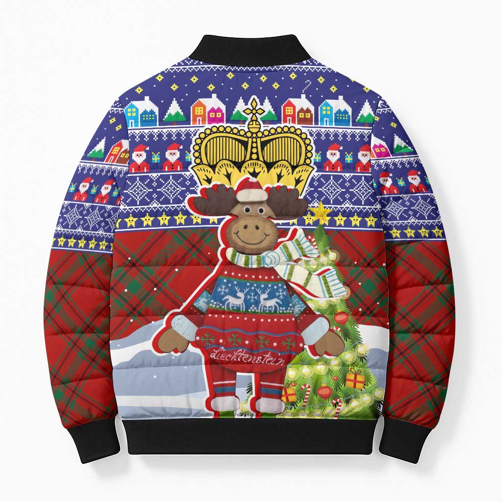 Liechtenstein Christmas Bomber Puffer Jacket with Reindeer Character Holiday Village and Plaid Sleeves - Wonder Print Shop