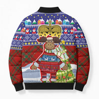 Liechtenstein Christmas Bomber Puffer Jacket with Reindeer Character Holiday Village and Plaid Sleeves - Wonder Print Shop
