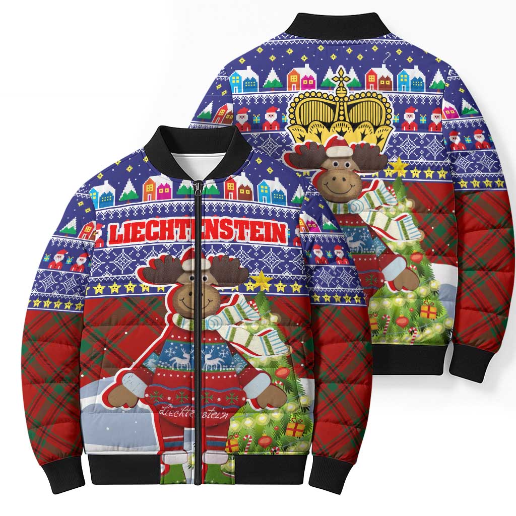 Liechtenstein Christmas Bomber Puffer Jacket with Reindeer Character Holiday Village and Plaid Sleeves - Wonder Print Shop