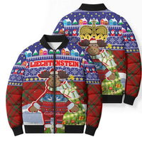 Liechtenstein Christmas Bomber Puffer Jacket with Reindeer Character Holiday Village and Plaid Sleeves - Wonder Print Shop