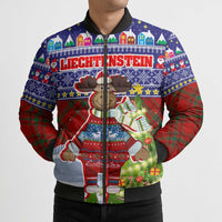 Liechtenstein Christmas Bomber Puffer Jacket with Reindeer Character Holiday Village and Plaid Sleeves - Wonder Print Shop