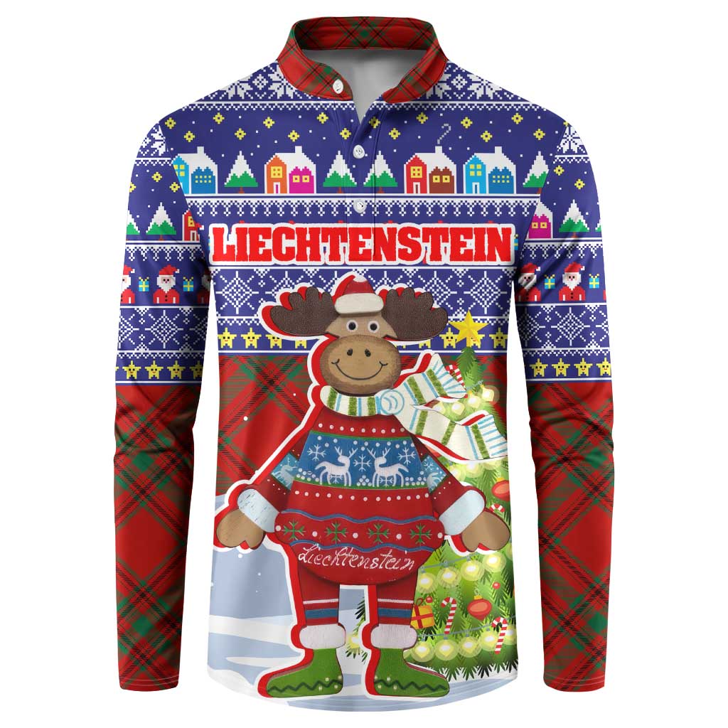 Liechtenstein Christmas Button Sweatshirt with Reindeer Character Holiday Village and Plaid Sleeves - Wonder Print Shop